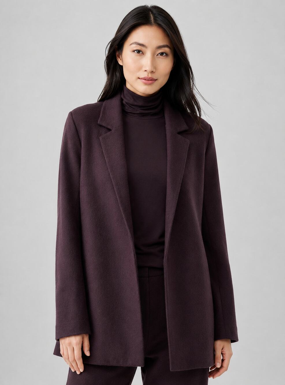 Eileen Fisher Boiled Wool Jersey Long Blazer Womens Small Plum Open Front Pocket